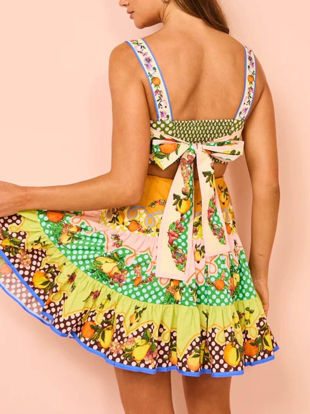 Norielle - Mini Abito Estivo con Motivo Colorato di Fiori e Frutti