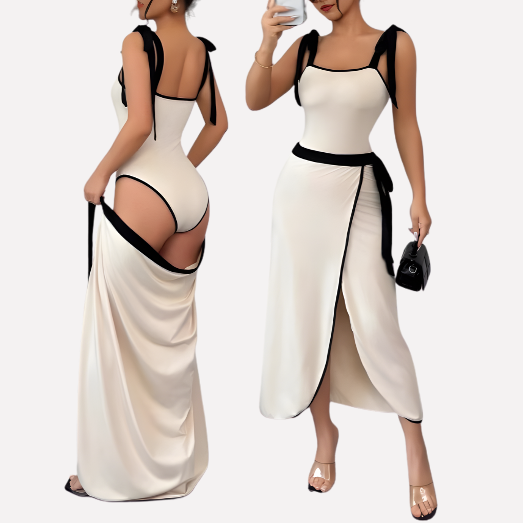 Elegante abito midi da donna con dettagli a contrasto – Vestito aderente con spacco e fiocco