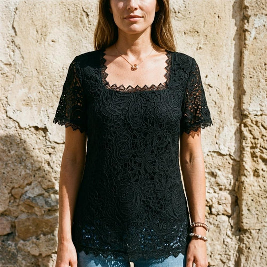 Elegante blusa in pizzo per donne – Maglietta leggera a maniche corte con taglio femminile