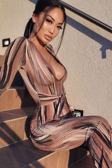 Béryl - Maxidress in Marrone con Scollo Profondo, Legato Davanti, Effetto Scolpito