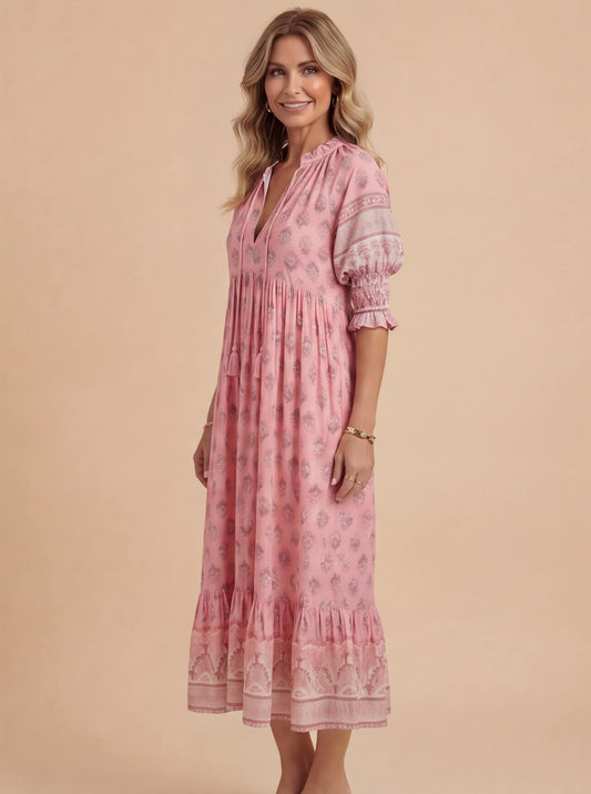 Abito Midi Boho con Stampa per Donne – Abito Estivo Leggero con Scollatura a V e Dettagli a Volant