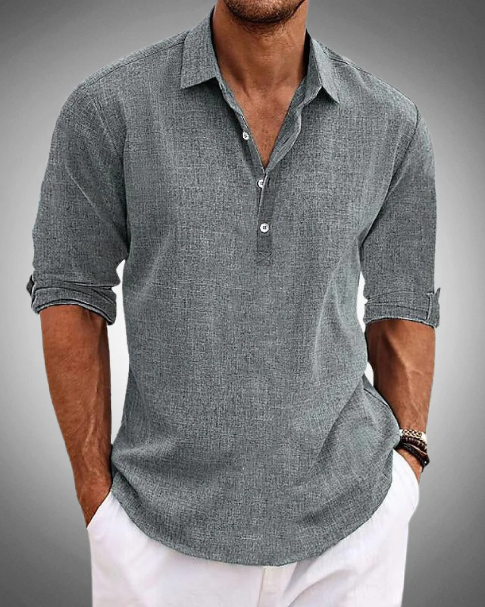 Camicia di lino con colletto Kent per uomo – Camicia casual leggera con bottoni