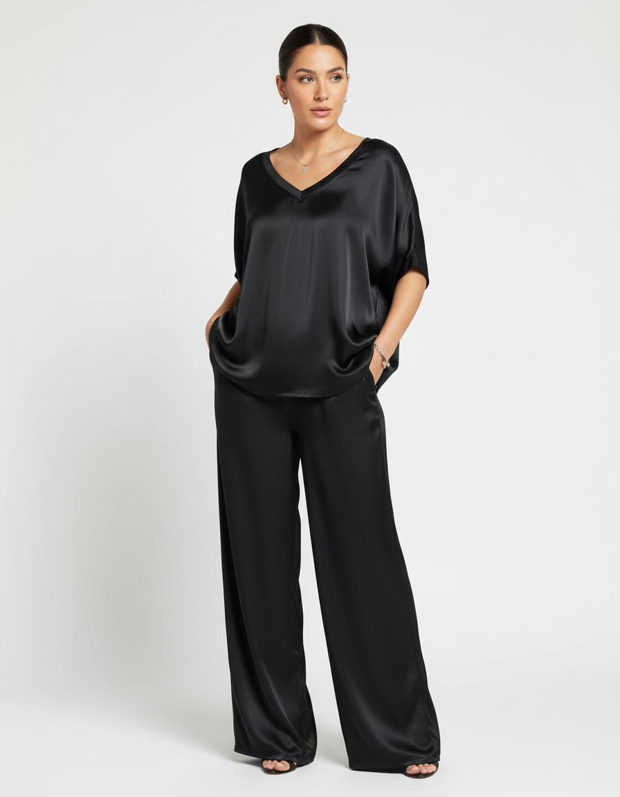Elegante Set in Satin a Due Pezzi con Blusa a V per Donne e Pantaloni Larghi – Outfit Casual