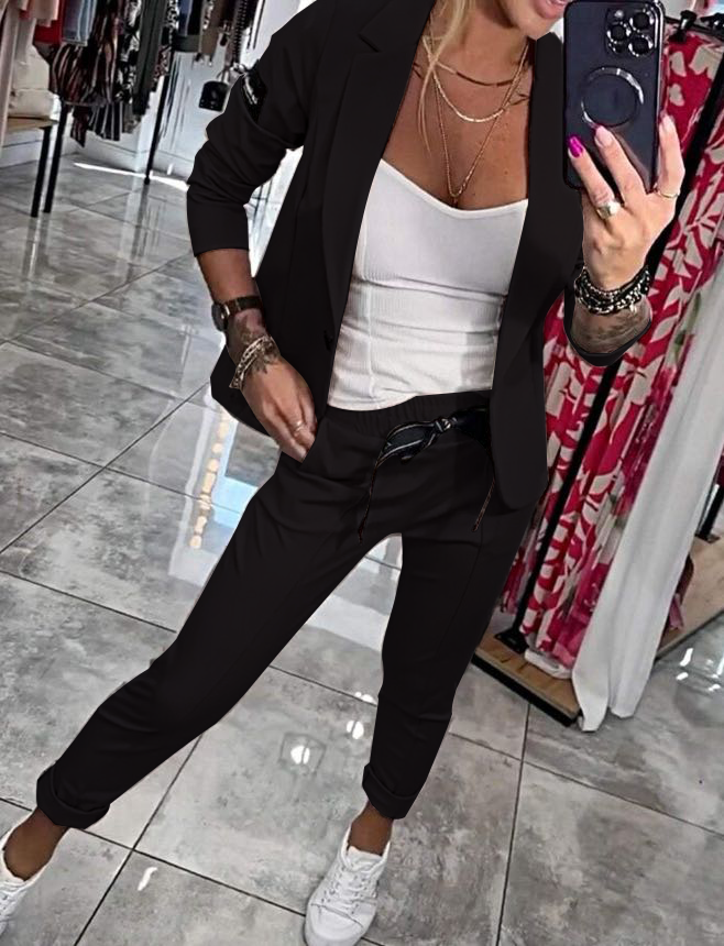 Completo blazer da donna moderno con pantaloni elasticizzati – Elegante outfit a 2 pezzi per ufficio e tempo libero