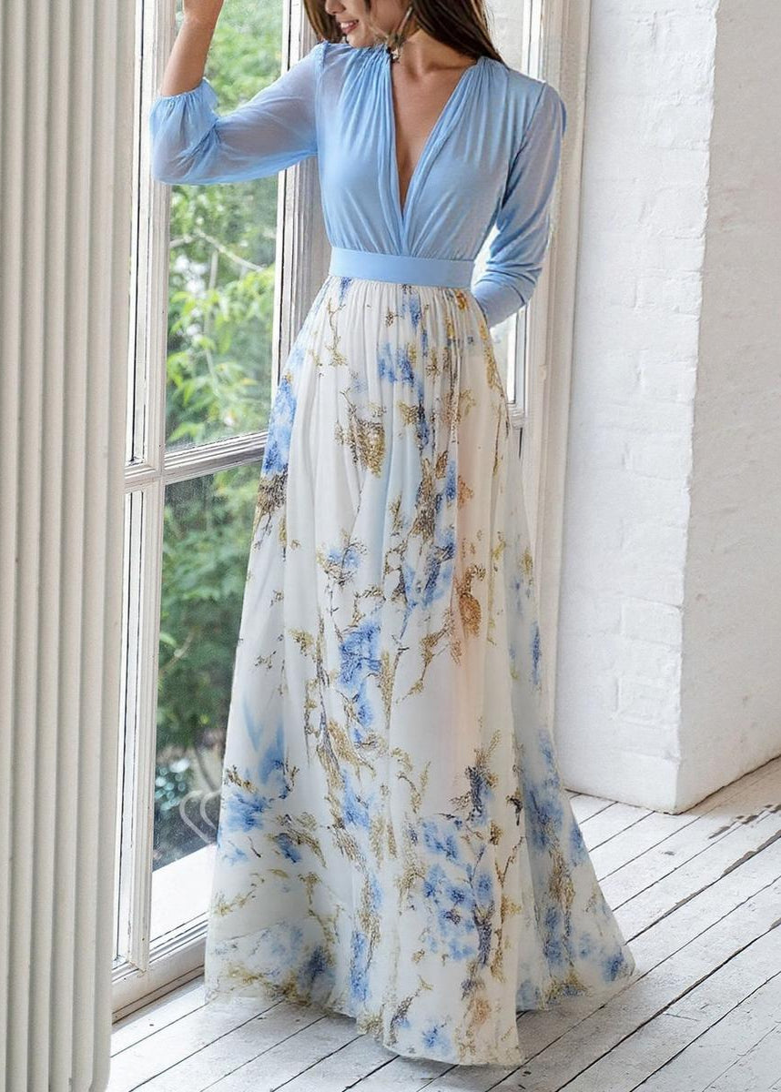 Elegante Maxikleid con stampa floreale per donne – Abito in chiffon fluido con profondo scollo a V