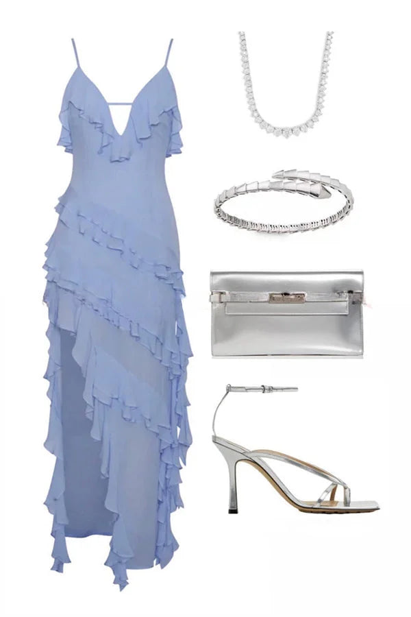 Amélie - Abito estivo asimmetrico blu cielo in chiffon con volant sovrapposti, spalline sottili e spacco