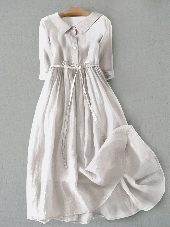 Abito midi a camicia leggero per donne – Abito estivo in lino con cintura e elegante linea A
