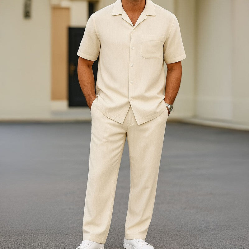 Set elegante a due pezzi per uomini – Camicia a maniche corte con colletto a revers e pantaloni comodi