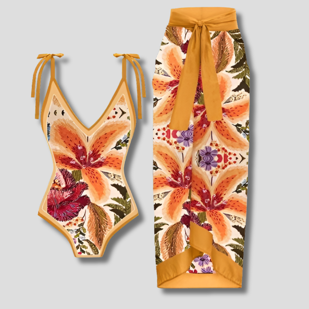 Set costume da bagno con pareo – stampa tropicale e elegante outfit da spiaggia per donne