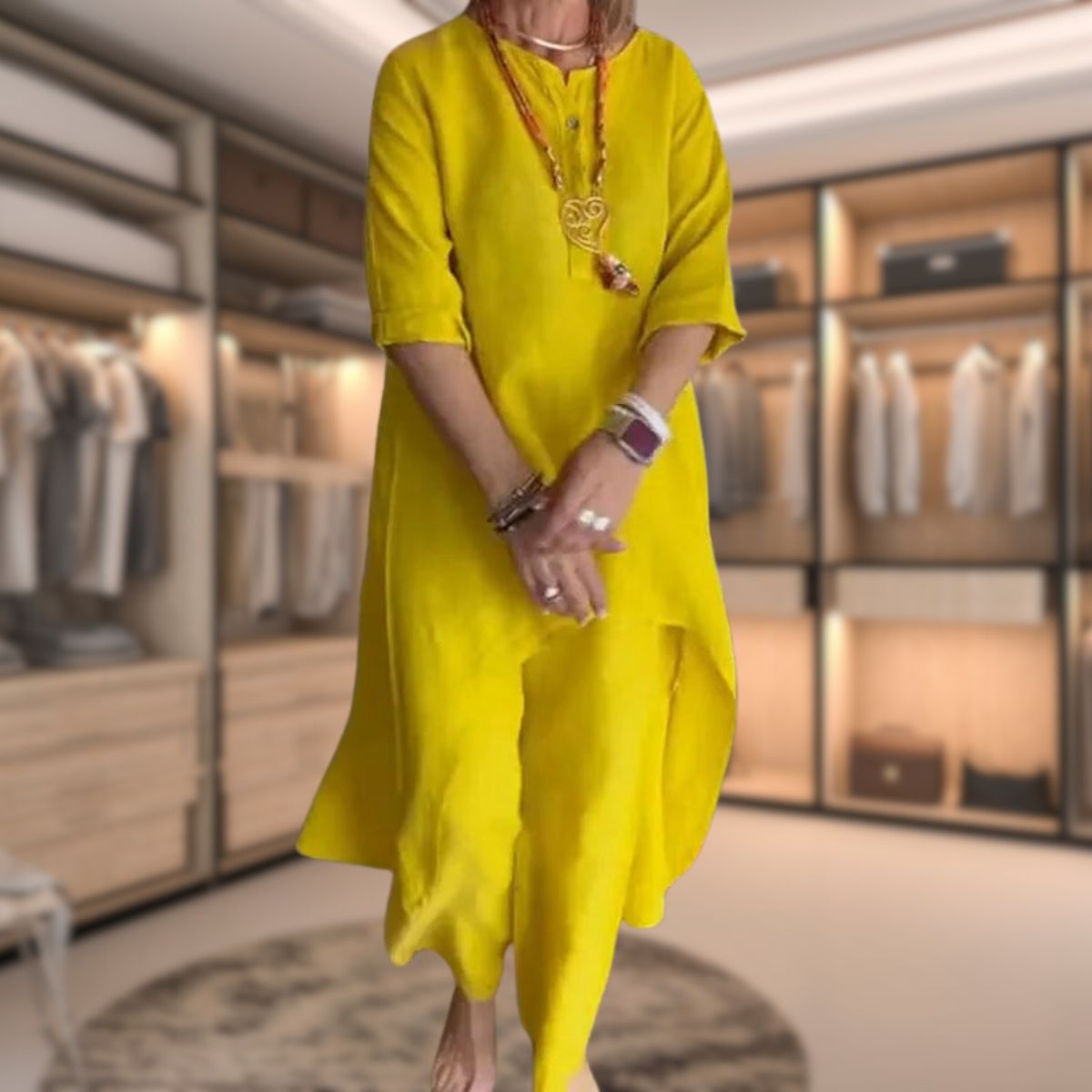 Ambrélya - Ensemble di Comfort Doppio per Donna: Abito Camicia con Maniche a Tre Quarti e Pantaloni Comodi Monocromatici