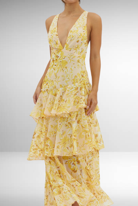 Abito Maxi Fluttuante con Volant e Profondo Scollatura a V per Donne – Elegante Abito Estivo con Dettaglio sulla Schiena