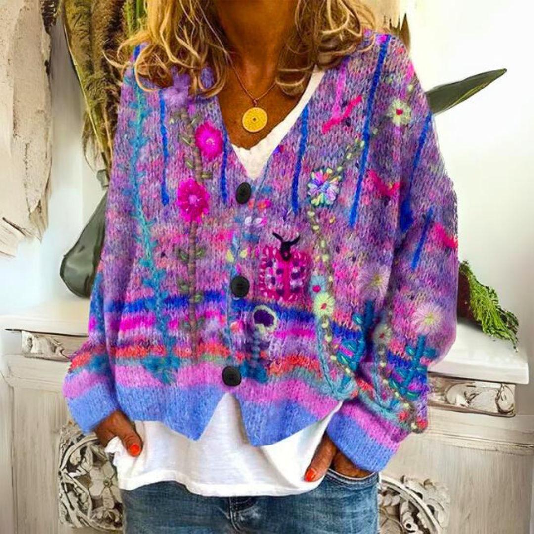 Giacca a maglia Boho per donne con motivo floreale colorato – Cardigan morbido con scollo a V per look quotidiani eleganti
