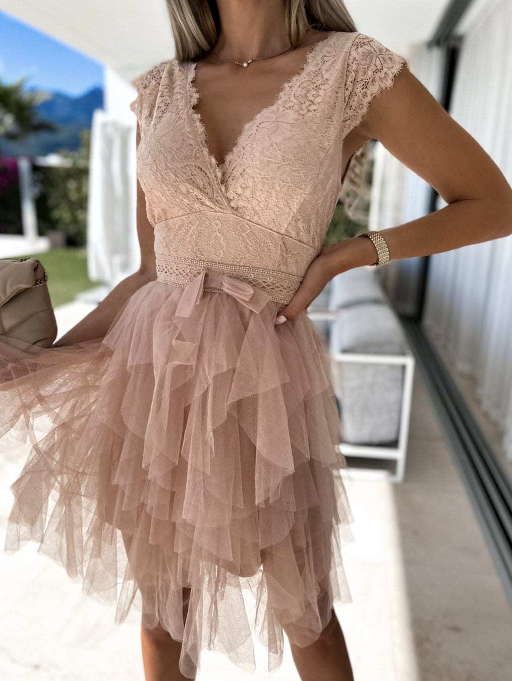 Aélorise - Abito beige da donna con gonna in tulle sovrapposto e top in pizzo