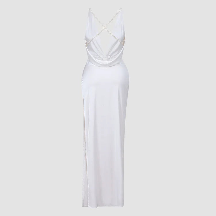Marivelle - Elegante Abito in Satin Bianco con Schiena Scoperta, Dettagli in Perle, Profondo Scollatura a V e Spacco Laterale