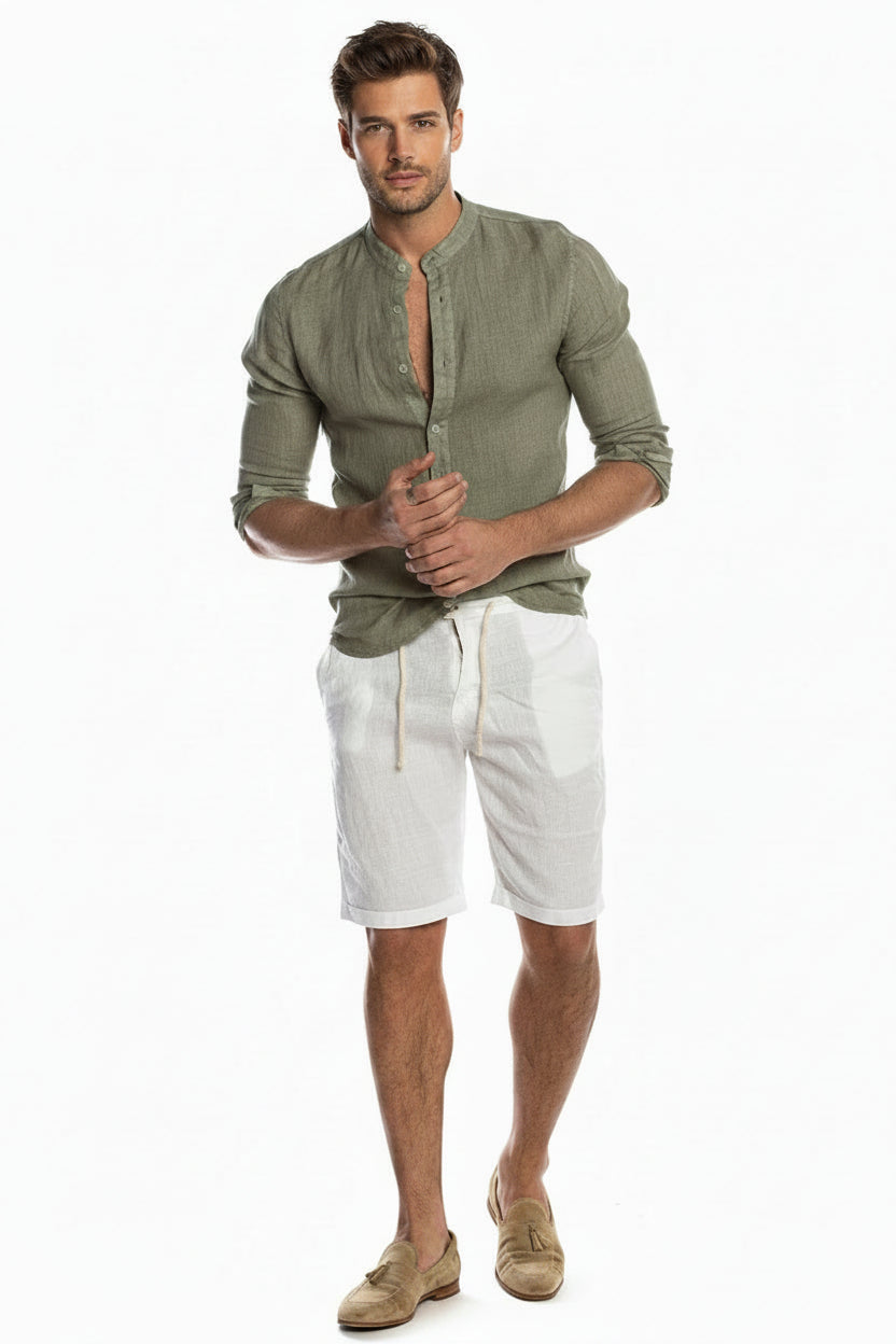 Camicia in lino casual con colletto alto per uomo – Maglietta a maniche lunghe traspirante, elegante e comoda