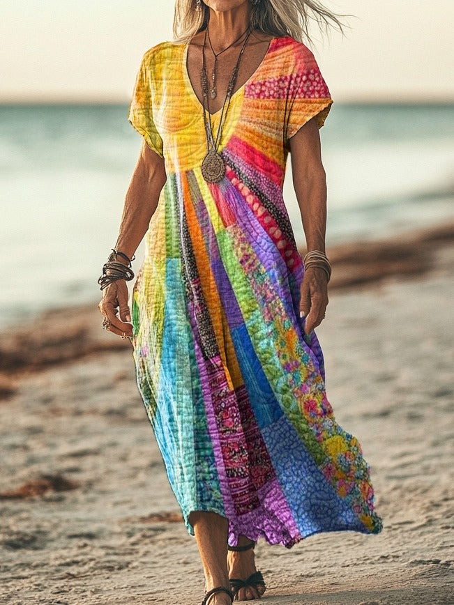 Abito Maxi Boho per Donne con Stampa Patchwork Colorata – Abito Estivo Lungo con Scollatura a V