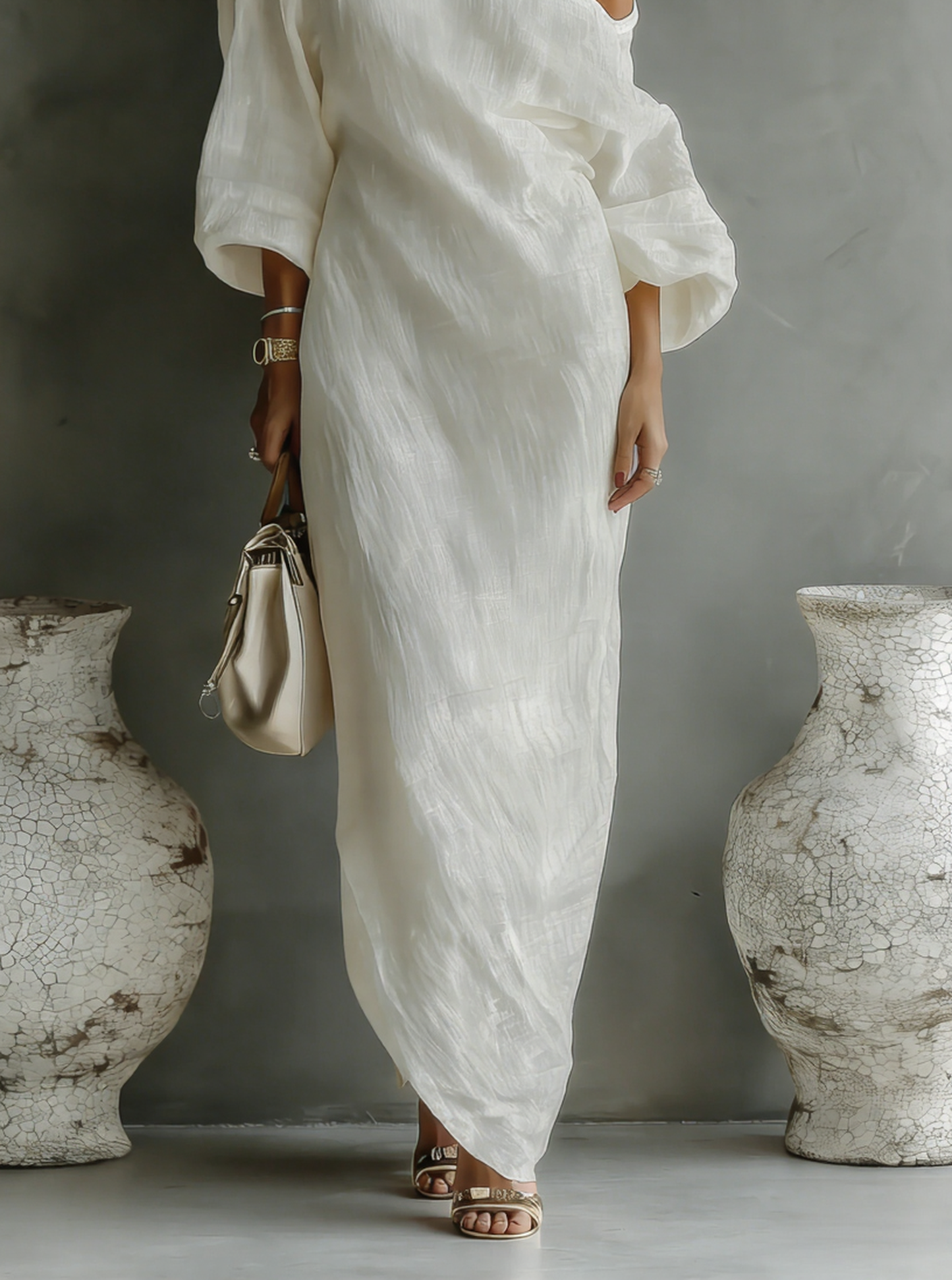 Sabine - Abito Maxy Avorio con Spallina in Cotone-Lino
