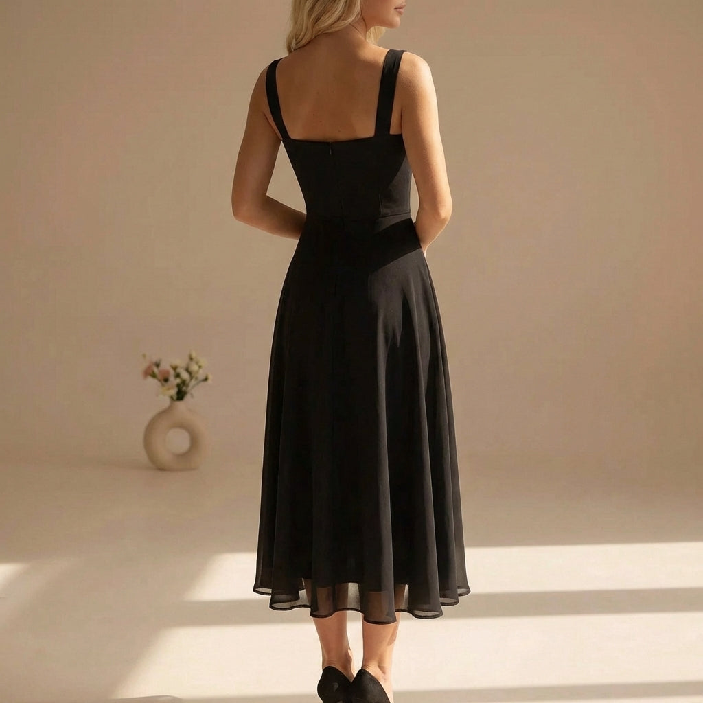 Abito midi elegante da donna con linea A – Abito estivo aderente con gonna fluida