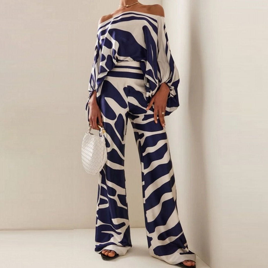 Maëlys - Elegante Completo Due Pezzi per Primavera e Estate con Maniche Ampie e Design Off-Shoulder, Pantaloni Palazzo a Vita Alta e Motivi Lucenti