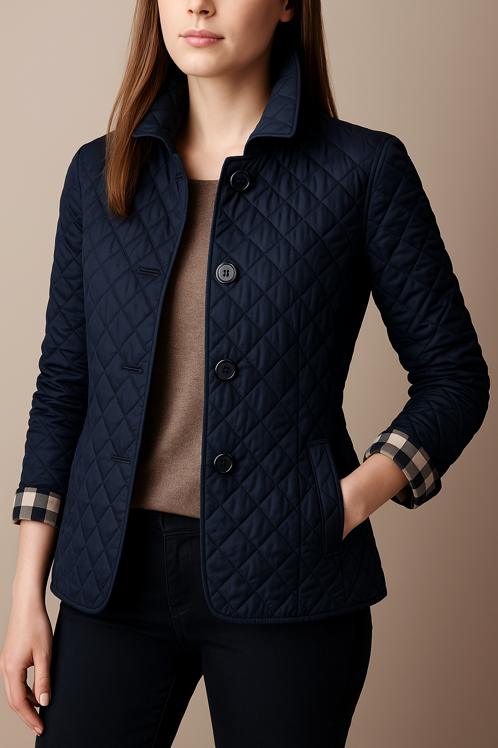 Virelia - Elegante cappotto primaverile in seta con motivo a quadri, bottoni e fodera interna
