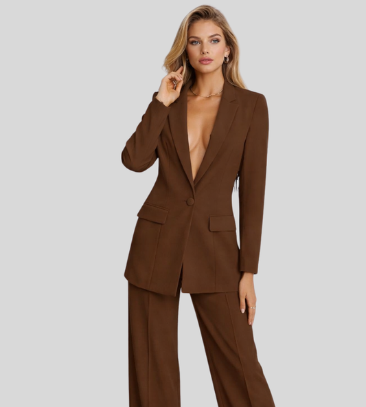Elegante completo pantaloni da donna con blazer – Scollo profondo e pantaloni larghi