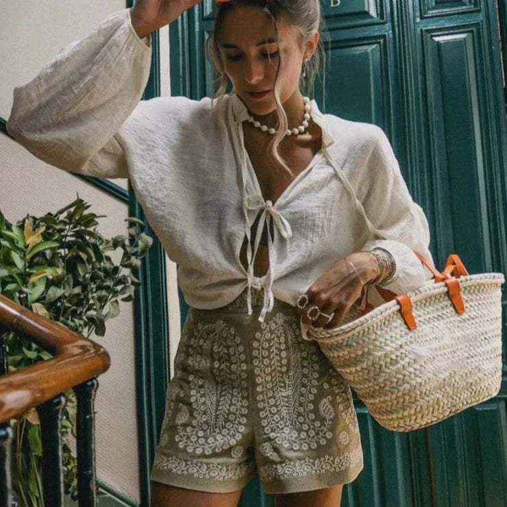 Shorts ricamati a vita alta per donne – Shorts estivi Boho con motivo ornamentale e vestibilità ampia