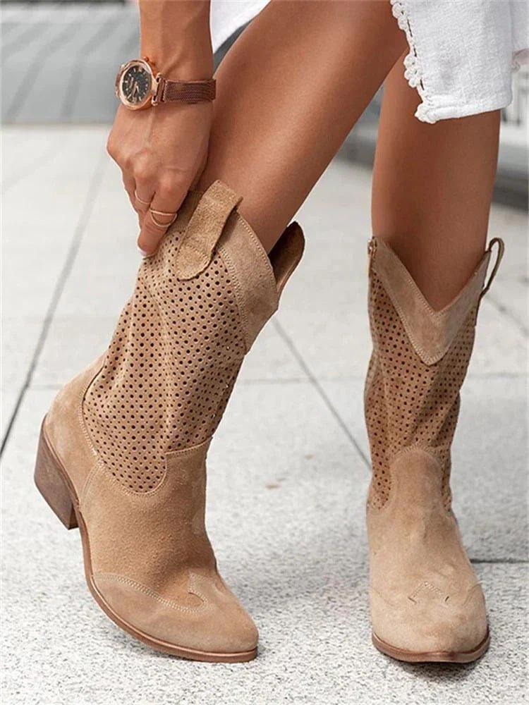 Théa - Stivaletti Western con Perforazione | Camoscio | Tacco a Blocco | Chic Casual