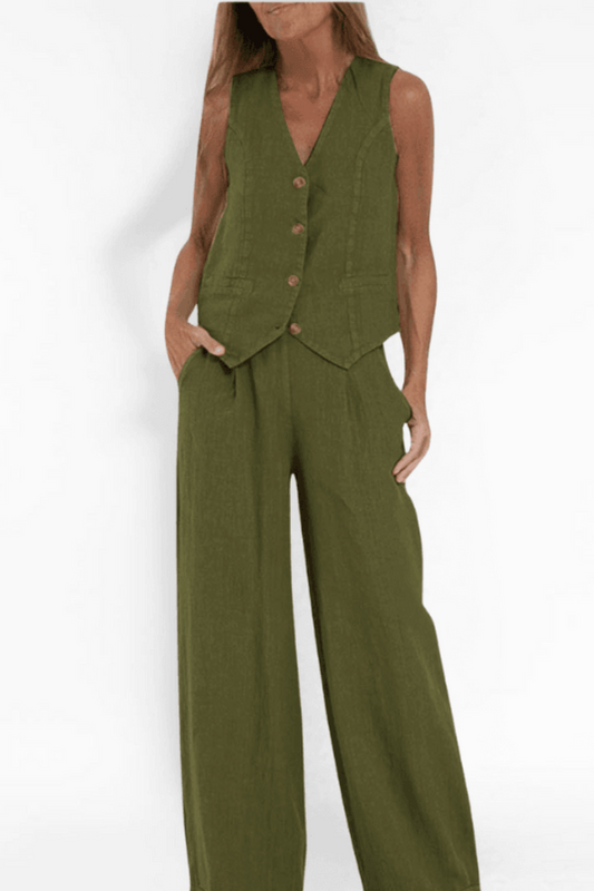 Set due pezzi in lino per donne – Elegante top con gilet e pantaloni larghi a vita alta
