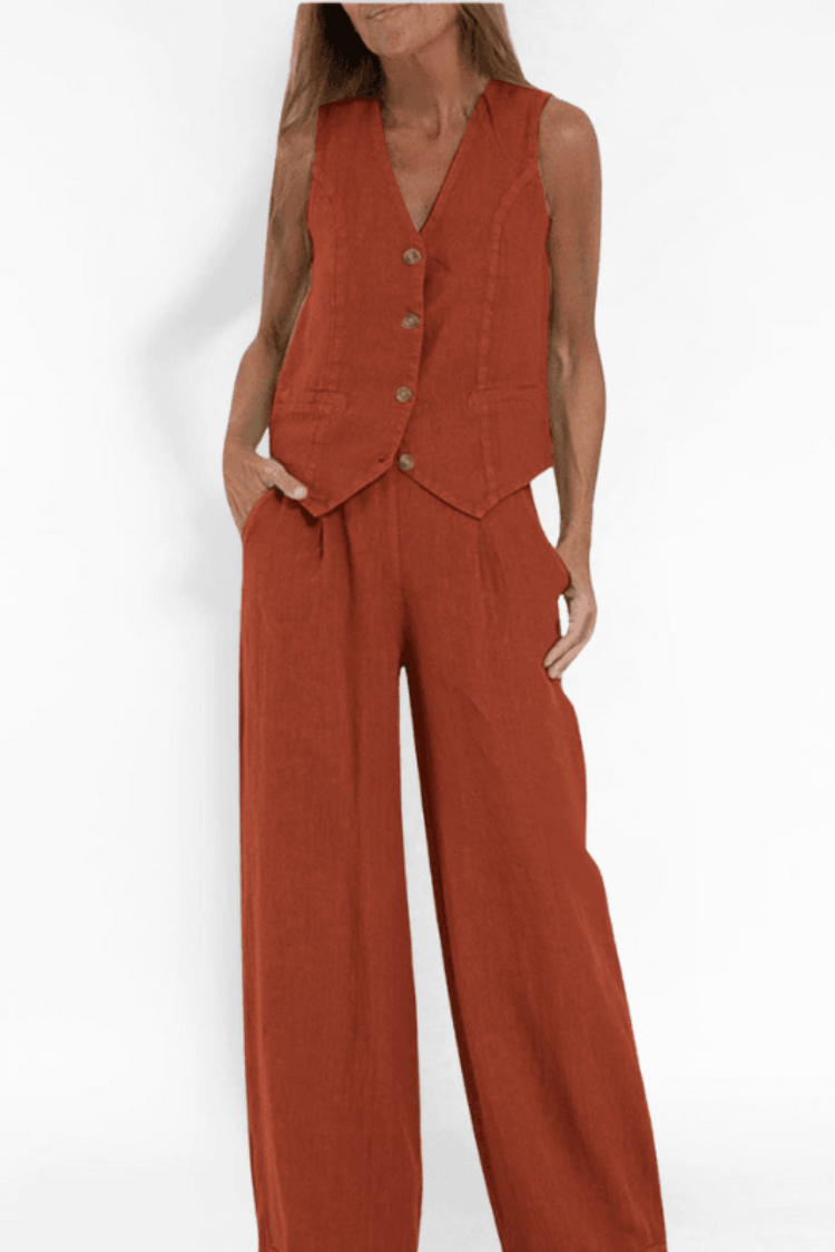 Set due pezzi in lino per donne – Elegante top con gilet e pantaloni larghi a vita alta