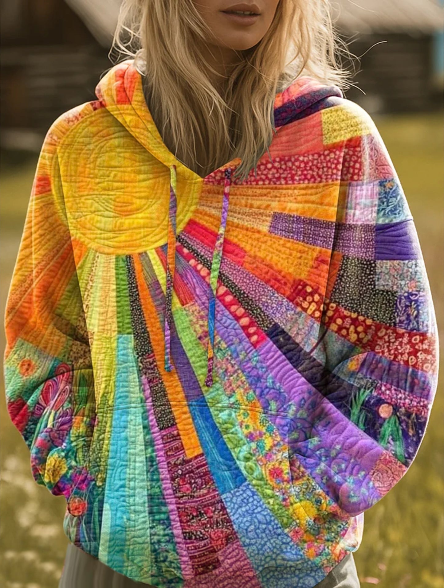 Felpa Patchwork Colorata per Donne – Hoodie Boho con Stampa Unica e Look Oversize Casual