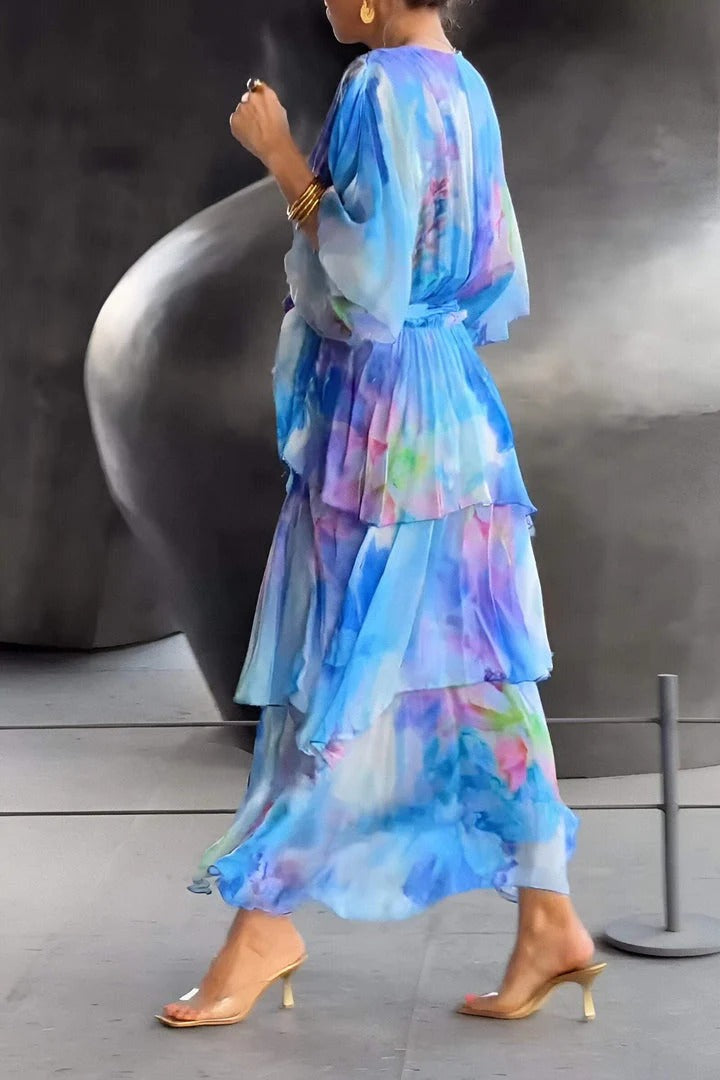 Elegante Maxidress per donne con sfumature Abito estivo leggero con volant e cintura