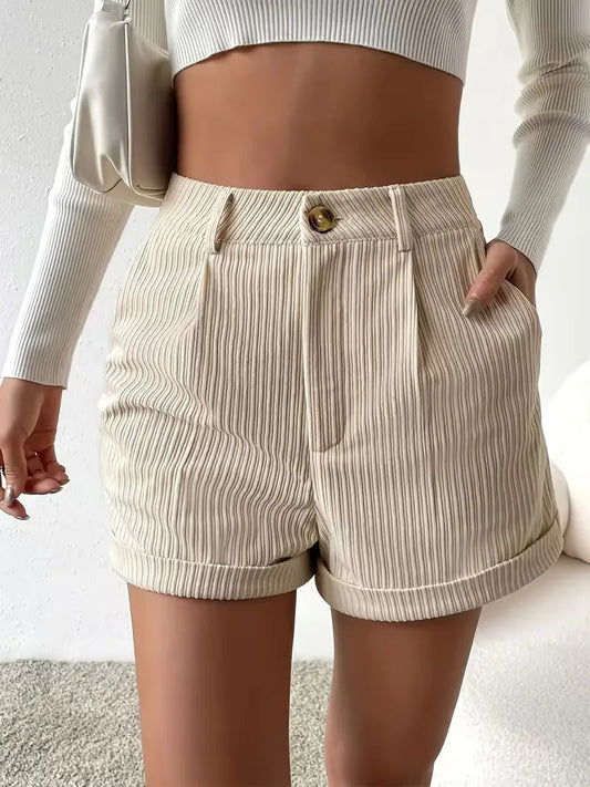 Eleganti pantaloni corti in corda a vita alta per donne – Comodi pantaloni per il tempo libero con cintura ripiegata