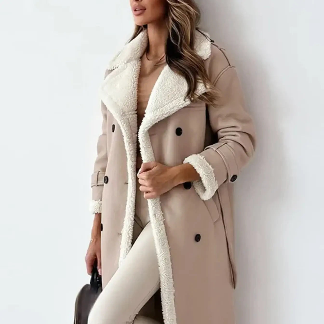 Naëline - Cappotto Lungo Elegante con Fodera in Teddy e Pelle Vegana