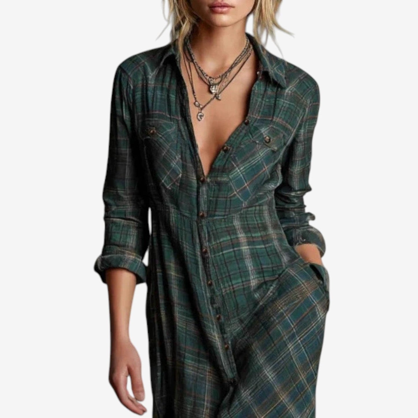 Virelle - Camicia lunga, comoda e ampia per la primavera, con quadri verdi e bottoni