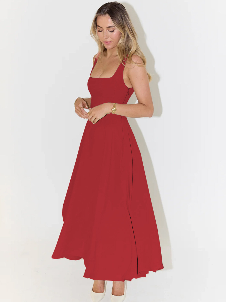 Elegante abito midi con scollatura quadrata e linea A – Abito estivo aderente per donne