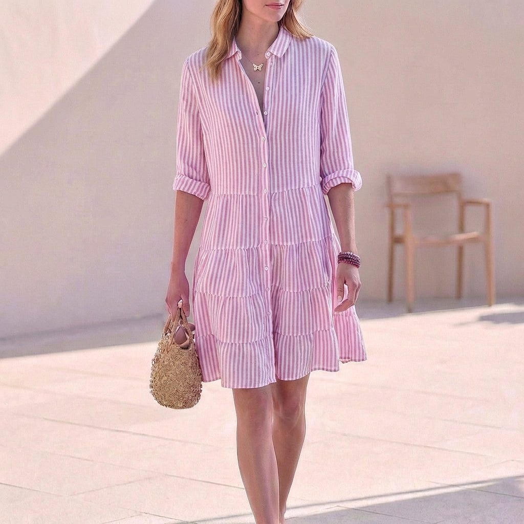 Abito camicia a righe per donne – Abito estivo leggero con bottoni e gonna a volant