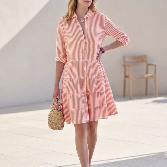Abito camicia a righe per donne – Abito estivo leggero con bottoni e gonna a volant