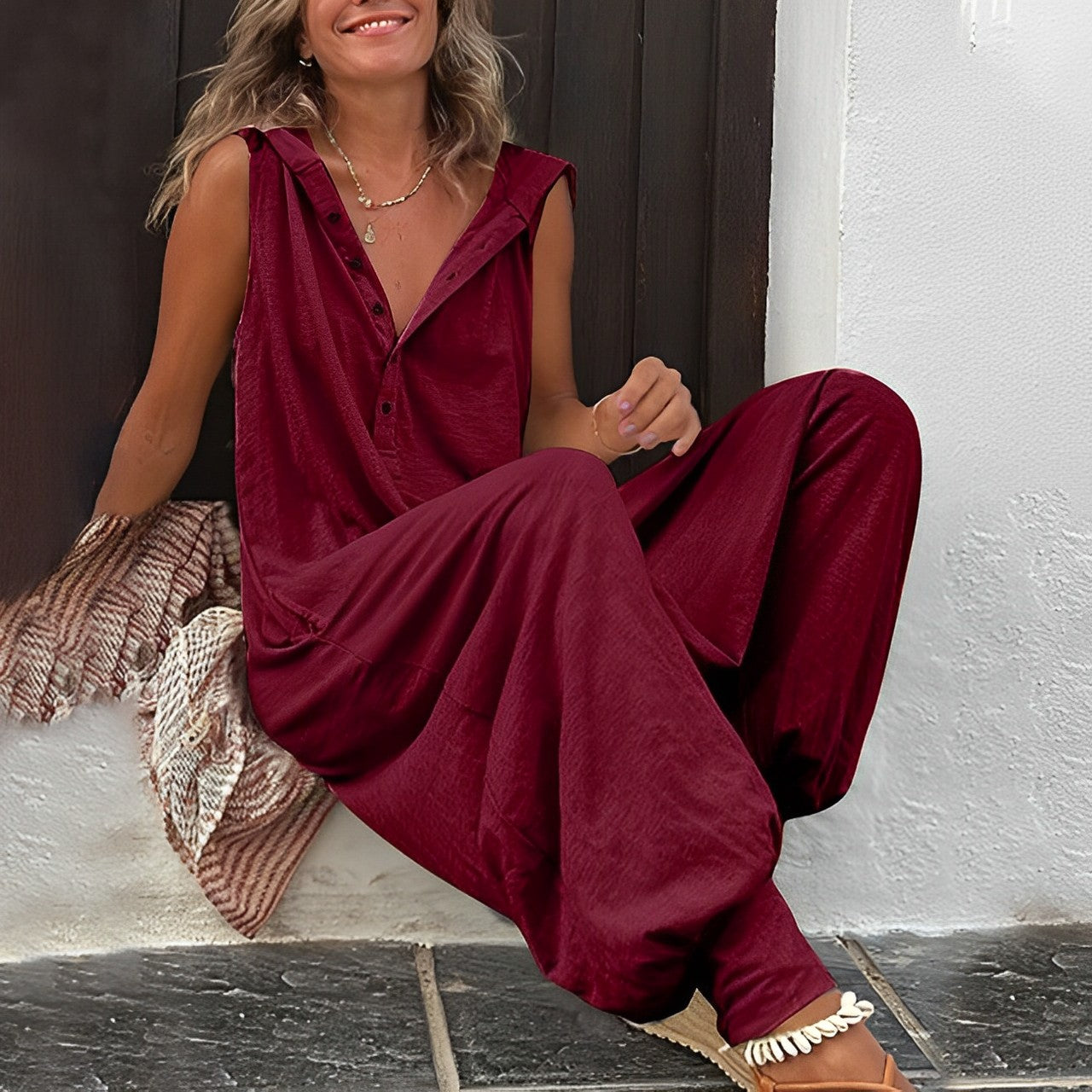 Auréline - Tuta Primaverile ed Estiva Comoda e Casual per Donne, Senza Maniche, Pantaloni Larghi, Bottoni e Scollatura a V