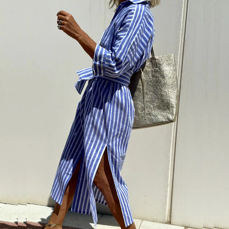 Marie - Abito Camicia a Maniche Lunghe a Righe Primavera-Estate, Comodo ed Elegante, con Sottile Spacco Laterale