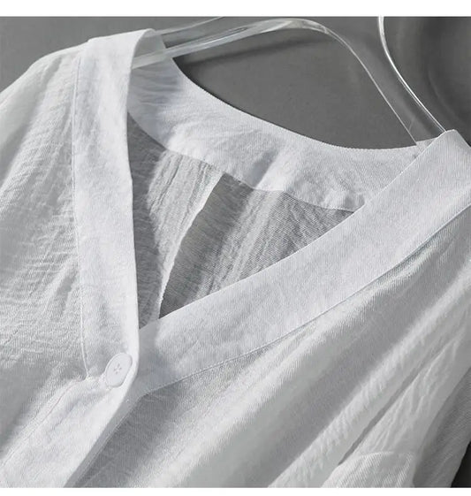 Blusa in lino leggera con maniche a palloncino per donne – Top estivo con scollo a V