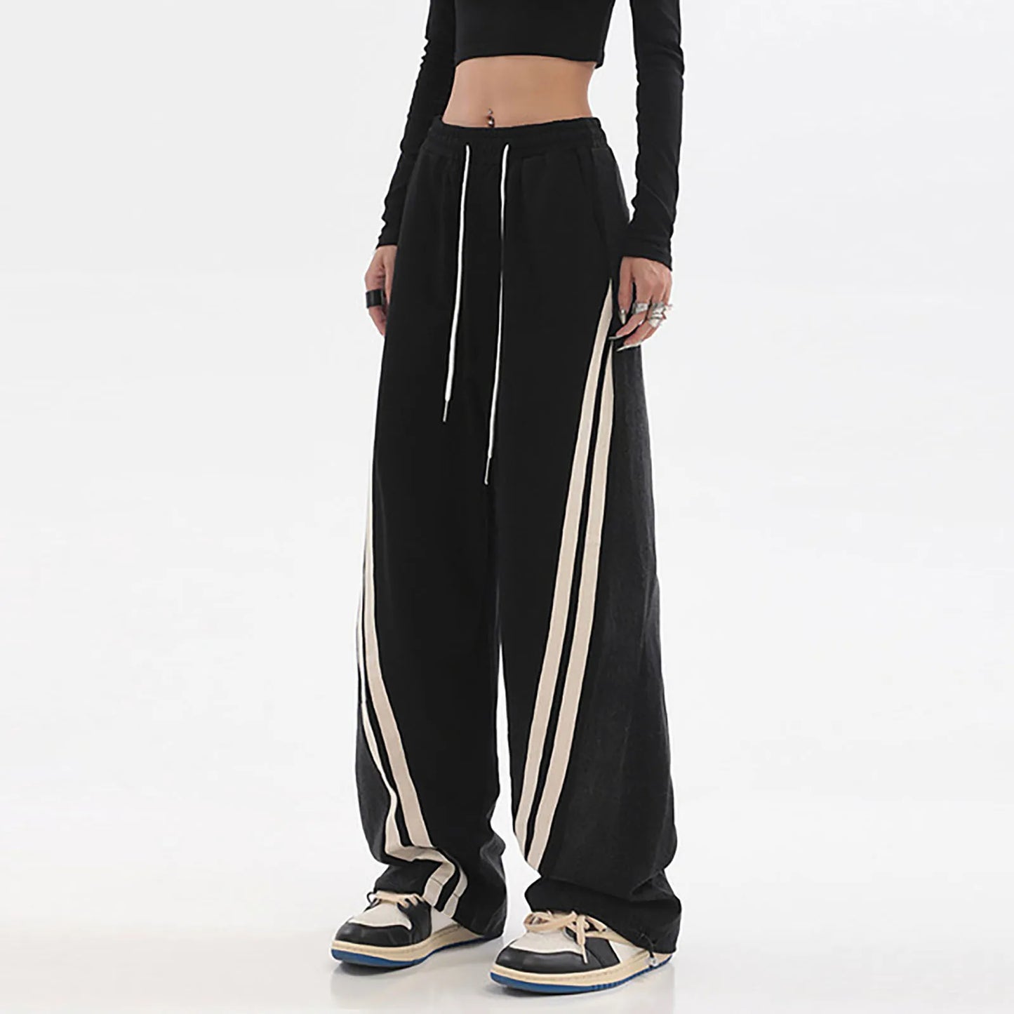 Pantaloni jogging color block casual con strisce laterali per donne – Pantaloni larghi streetwear