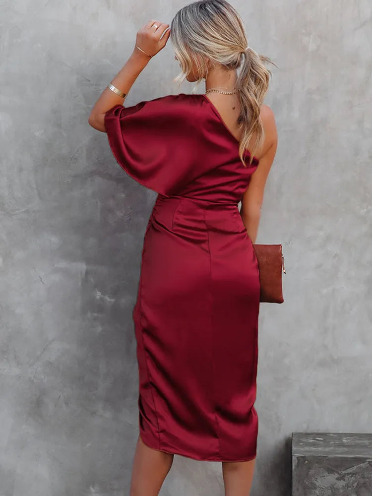 Abito midi elegante con spalla scoperta e finitura in satin per donne – Abito da sera aderente con taglio asimmetrico