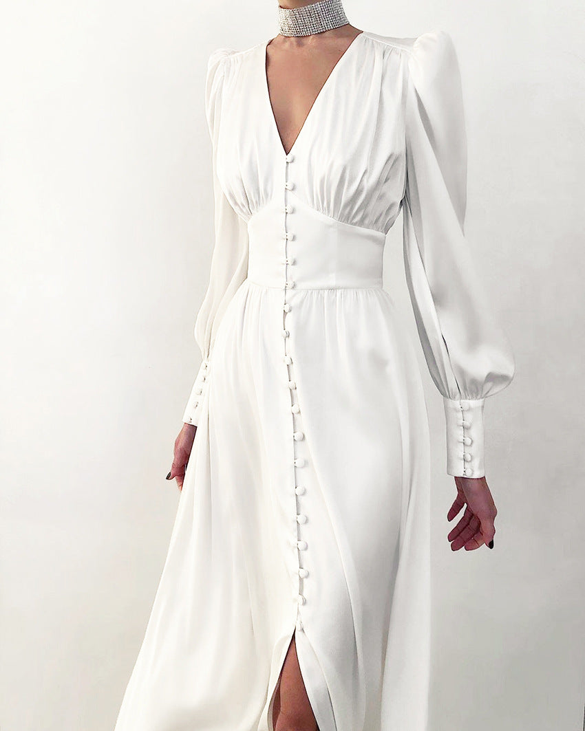 Elegante abito midi con scollo a V e bottoni – Abito lungo fluente per donne