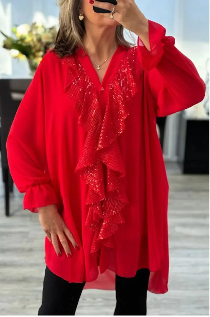 Noésa - Abito camicia per donne con maniche lunghe, taglio a A, con volant scintillanti