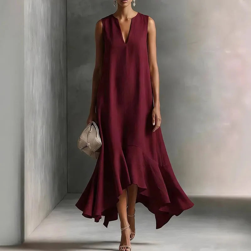 Elegante Maxikleid con orlo a volant per donne – Vestito fluido a A con scollatura a V