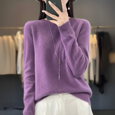 Regina - Maglione comodo in cashmere blu con scollo rotondo