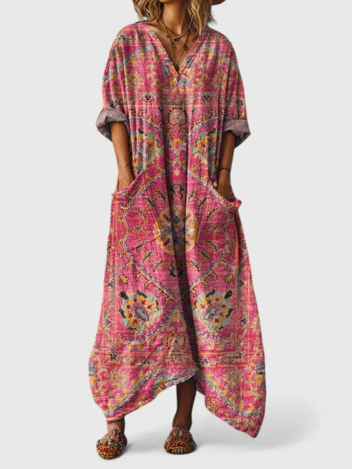 Abito Maxy Boho per Donna con Stampa e Tasche – Abito Estivo Oversize in Stile Vintage