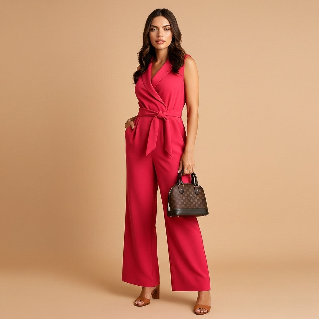 Flavie - Tuta da donna con effetto avvolgente, aderente, gambe ampie