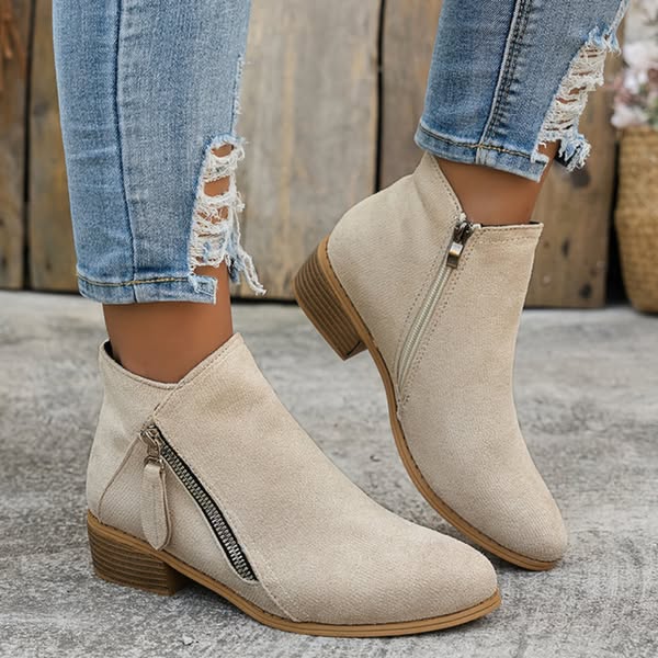 Zélyna - Eleganti Stivaletti Bassi in Camoscio per Donna, Primavera, con Cerniera e Tacco Basso, Monocromo