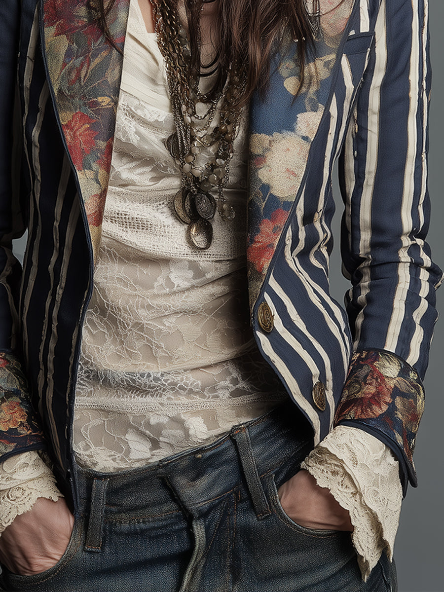 Oréliane - Blazer Vintage Aderente in Boho-Chic con Fiori e Strisce per Donne
